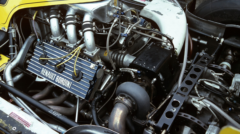 Overhead view of turbo engine on Renault RS01 Formula 1 car.