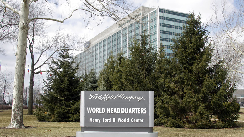 The Ford Motor Company sign outside its world headquarters building in Dearborn, Michigan.