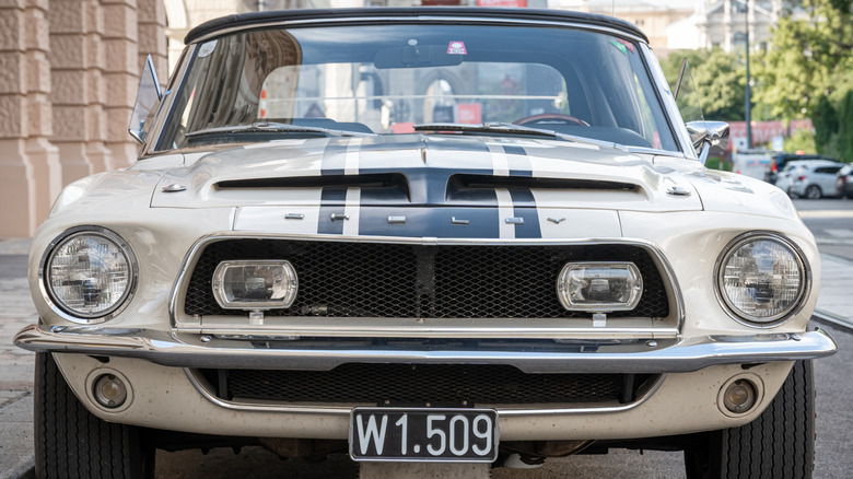 Front view of classic american muscle car Ford Mustang Shelby GT 500 convertible