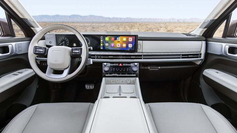 View of Hyundai Santa Fe interior and dash in desert setting
