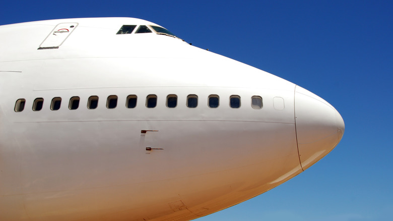 close-up of airplane with white radome and fuselage