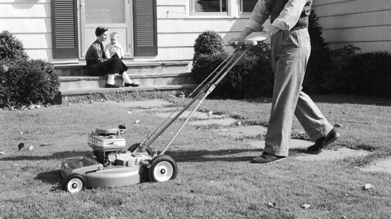 A 1950s photo in black in white showing a man using a rotary mower on his lawn with family members in the background