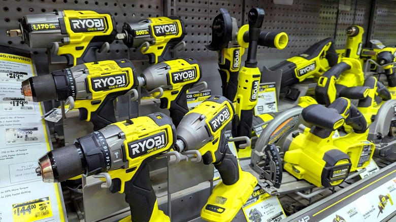 A store display of Ryobi tools.