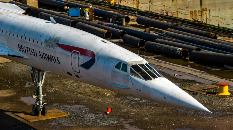 A British Airways Concorde with its nose and visor clearly visible.