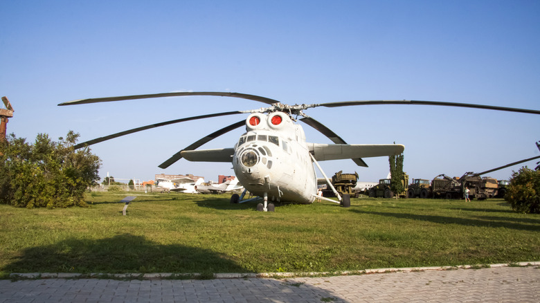 A white MI-6 helicopter on display at the Museum of Technology in Togliatti on a sunny day