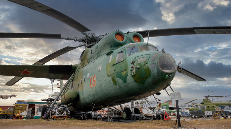 A green Mil Mi-6 Heavy lift helicopter displayed at the Riga Aviation Museum