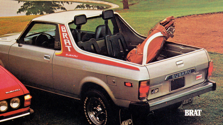 Subaru BRAT with golf bag in bed showing rear jump seats with extended headrest, rear-left view