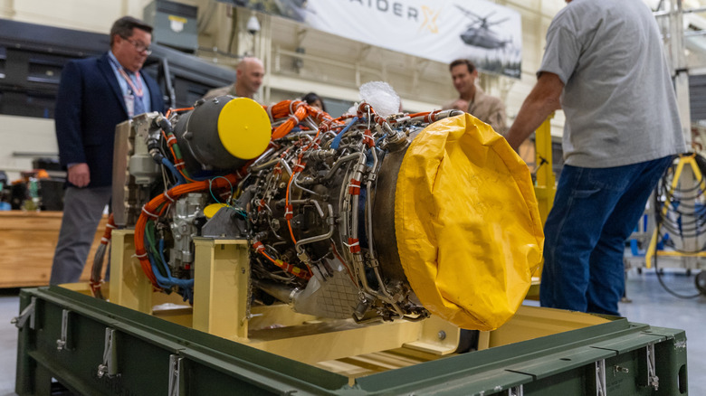 Close up view of ITEP helicopter engine inside hangar.