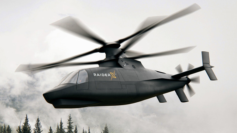 Rendering of Sikorsky Raider X helicopter flying over foggy forest.