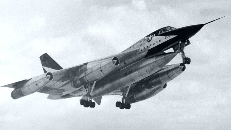 An XB-58 prototype during takeoff as seen from below.