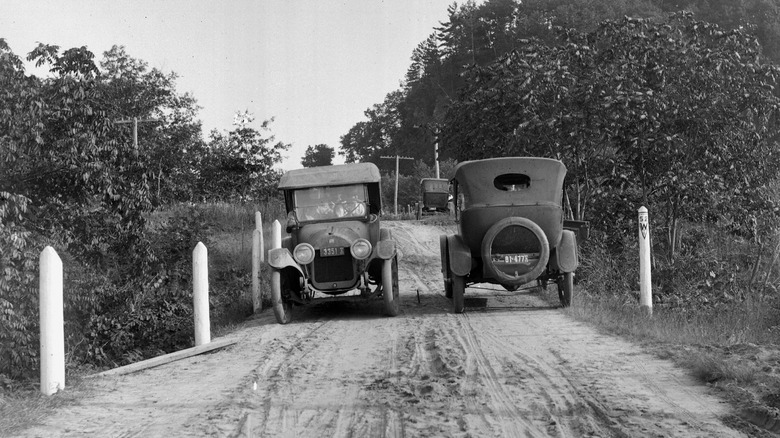 Two automobiles passing each other