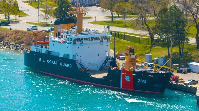 U.S. Coast Guard ship by the dock