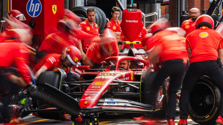 Ferrari F1 team practicing a pit stop during 2024 Belgian Grand Prix