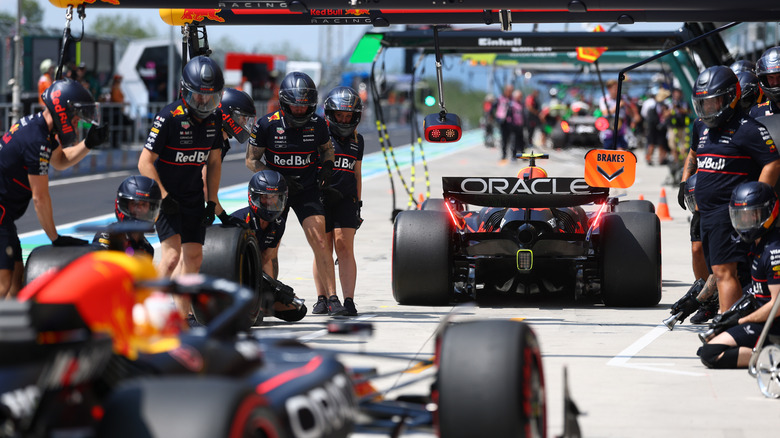Red Bull Formula 1 cars pitting during 2025 Hungarian Grand Prix