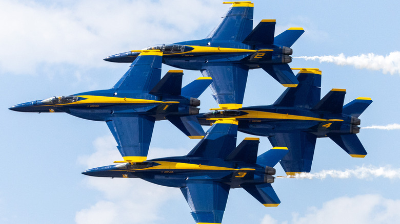 The U.S. Navy Blue Angels, flying the Boeing F/A-18 Super Hornet in a tight formation