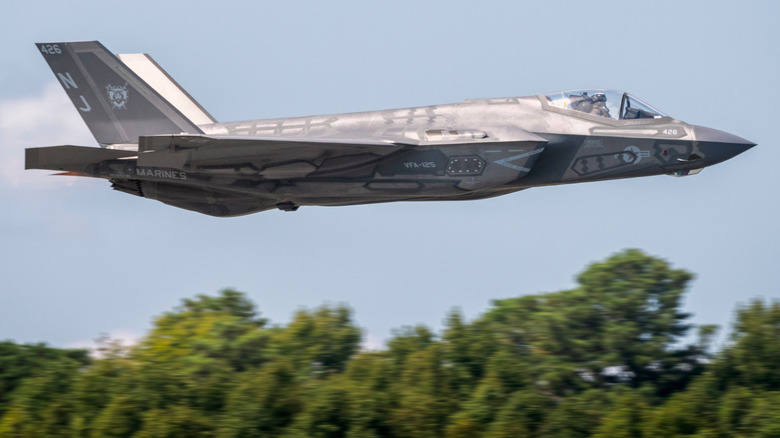An F-35 Lightning II in mid-flight over trees