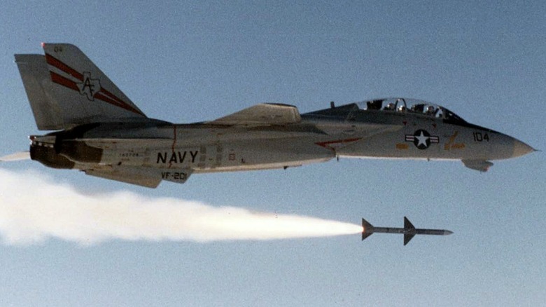 A Grumman F-14 Tomcat firing an AIM-7 Sparrow (Fox One)