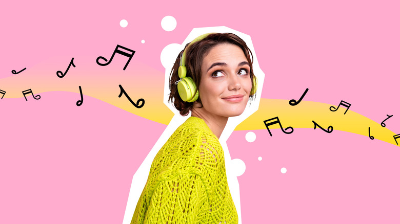 Composite collage of woman listening to music with headphones