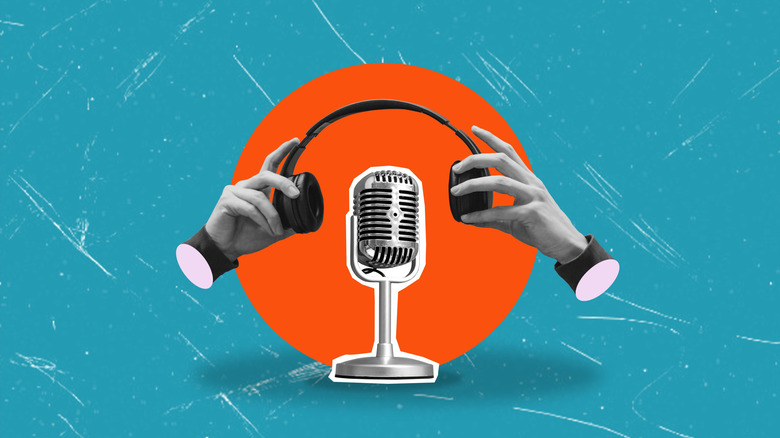 artistic collage featuring modern headphones and a retro microphone