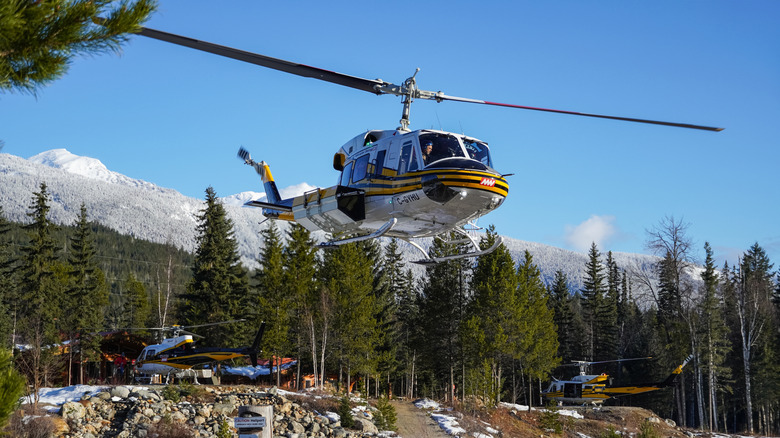 Helicopter taking off from a wooded mountain range