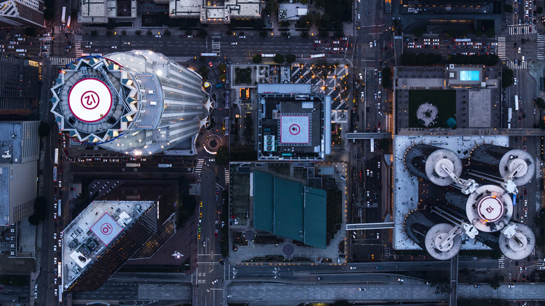 Bird-eye view of helipads on skyscrapers
