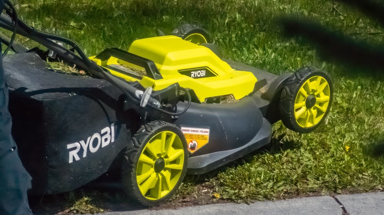 Ryobi lawn mower being used during the day