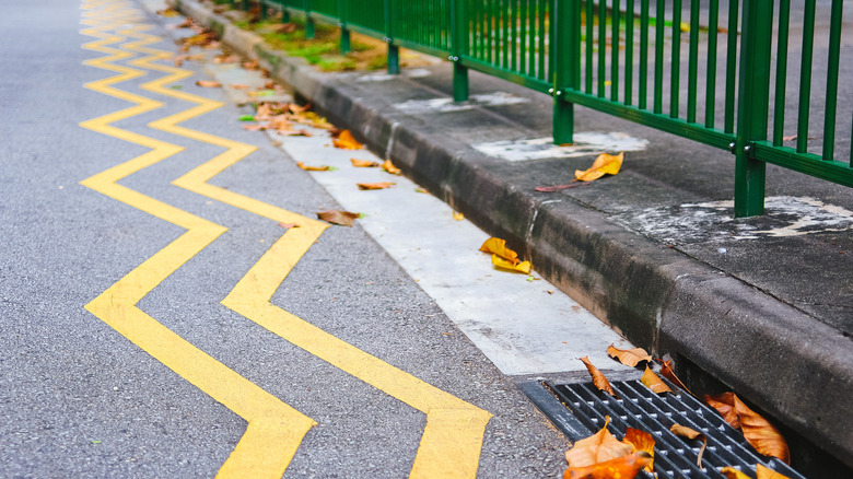Yellow zig-zag line markings on a road