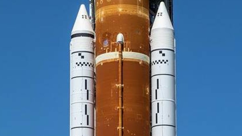 A closeup of NASA's Space Launch System rocket showing motion tracking paint