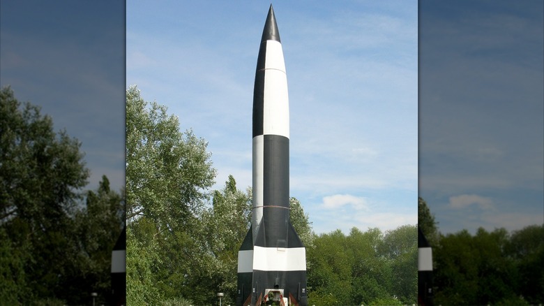 A V2 rocket on display showing its black and white pattern
