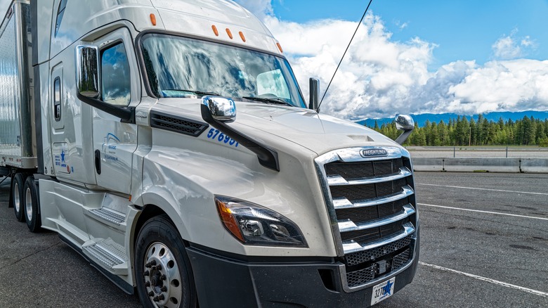Front of a semi truck with side and convex mirrors mounted