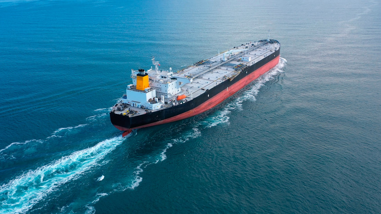 Oil tanker moving across the ocean