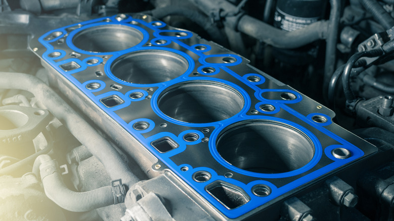 Shortblock with an installed cylinder gasket sitting in a workshop