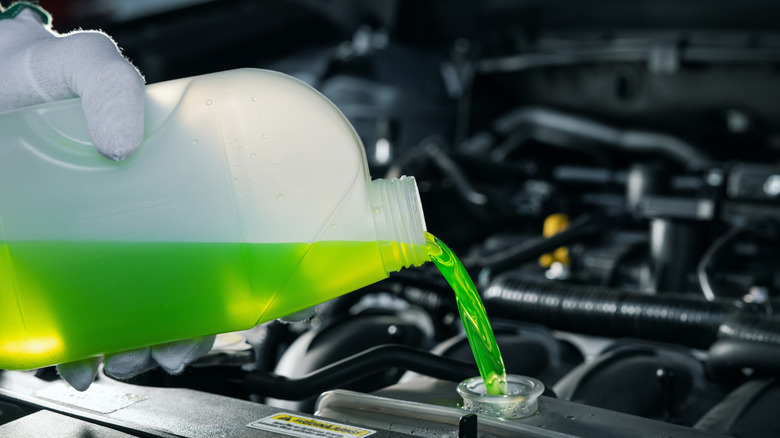 Gloved hand pouring green coolant into a car's radiator