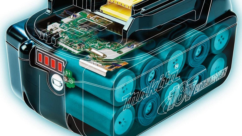 A transparent view of a Makita 18V battery.