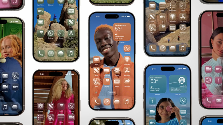 Several iphone home screens can be seen showcasing transparent looking app icons