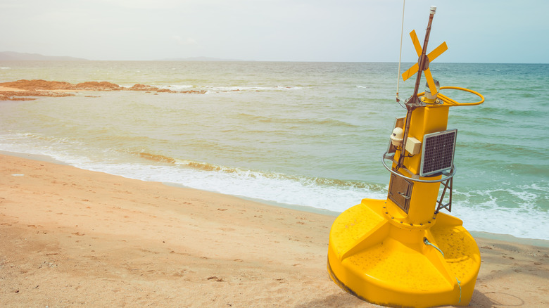 Buoy with solar panel on beach.