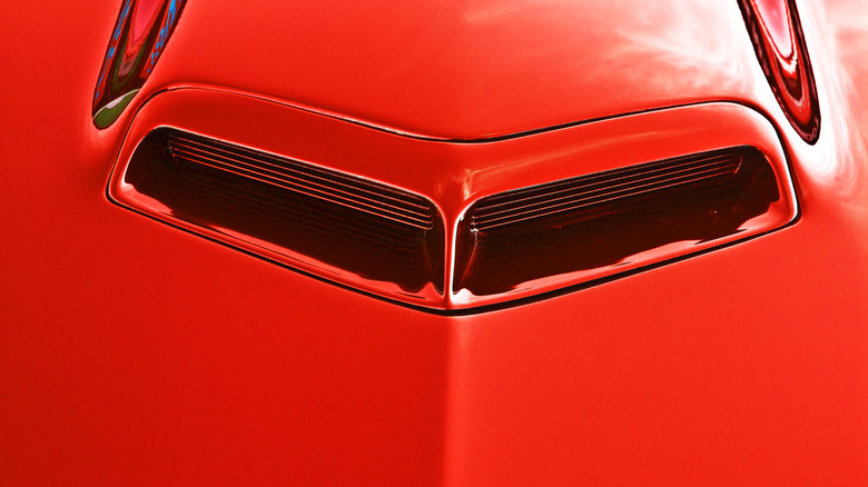 Close-up of hood scoop on a red 1966 Pontiac GTO
