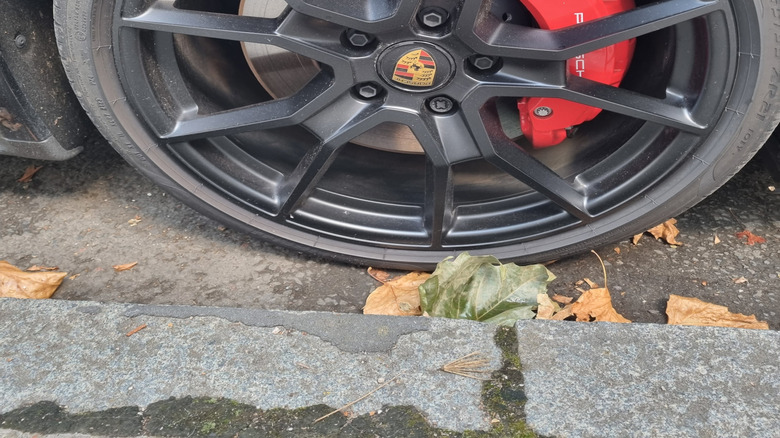A wheel with red calipers