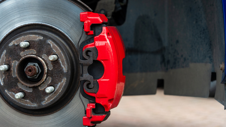 A wheel with red calipers