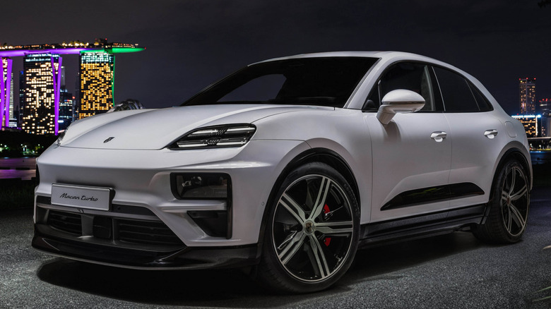 Front quarter shot of a Porsche Macan Turbo EV