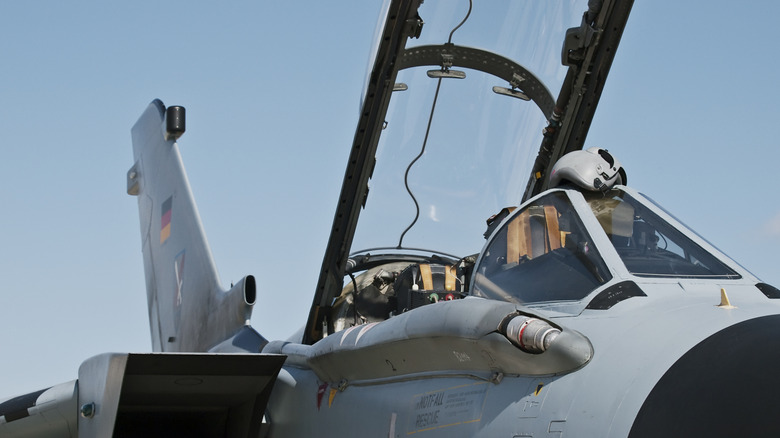 Front detail of a Tornado jet fighter canopy during the airshow on a sunny day