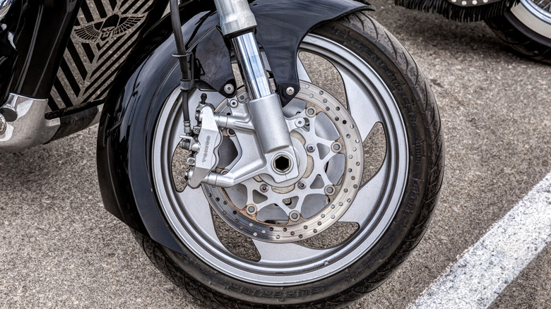 Side view of the front wheel on a motorcycle