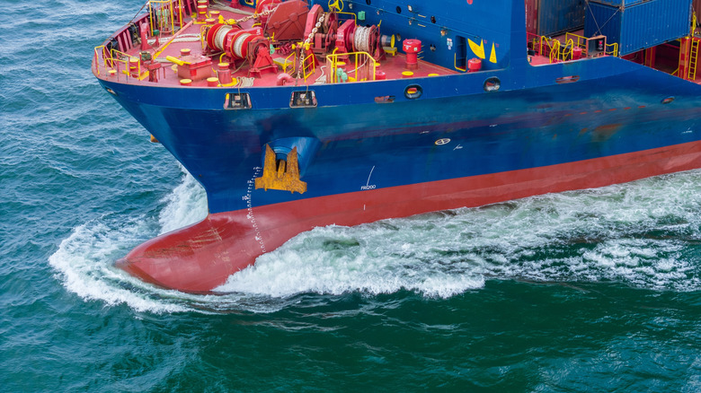 Closeup of a container ship's bulbous bow