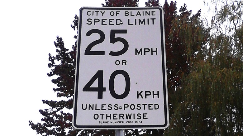 Sign in Blaine, WA showing both kmh and mph