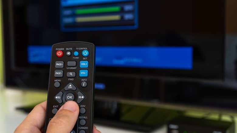 A hand holding a remote with a TV in the background