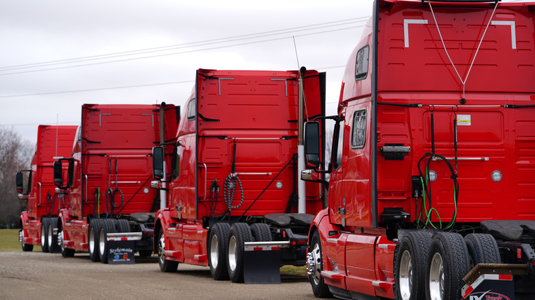 A line of Red semi trucks sit parked in a parking lot facing front and back