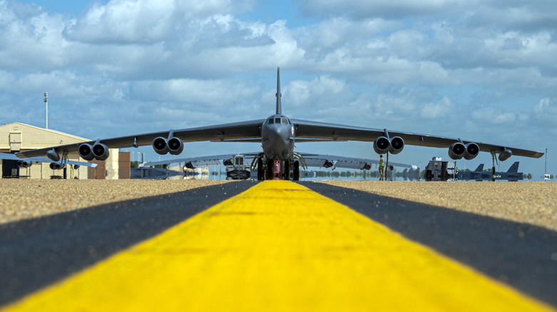 Head on view of a B-52 Stratofortress on a runway