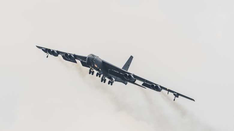 B-52 bomber pitched in mid-flight