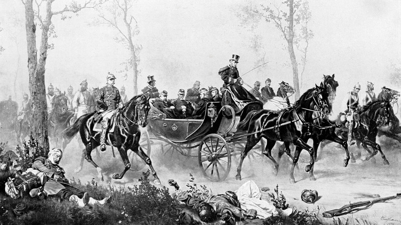 A black-and-white drawing shows a coachman in a top hat and cape driving a horse-drawn carriage of military officers surrounded by soldiers on horseback. Dead or wounded soldiers lie in the foreground.