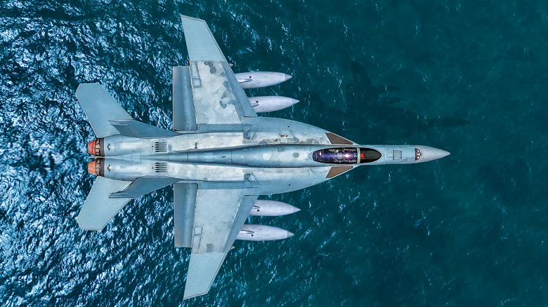 Aerial view of an F/A-18 Hornet over water displaying its missiles